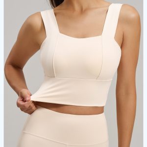 Square Neck Sports Bra, Medium Support Wide Strap Yoga Top, Off White