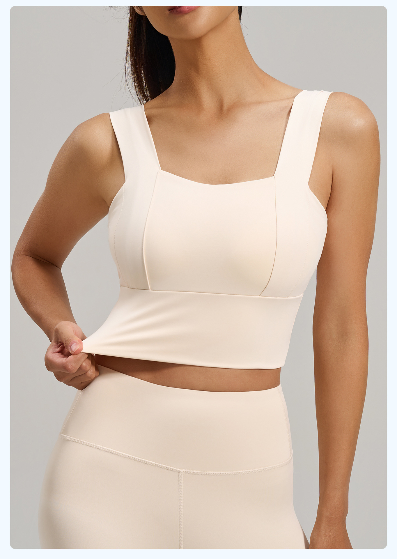 Square Neck Sports Bra, Medium Support Wide Strap Yoga Top, Off White
