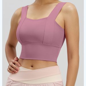 Square Neck Wide Strap Sports Bra, Medium Support Yoga Crop Top, Dusty Pink