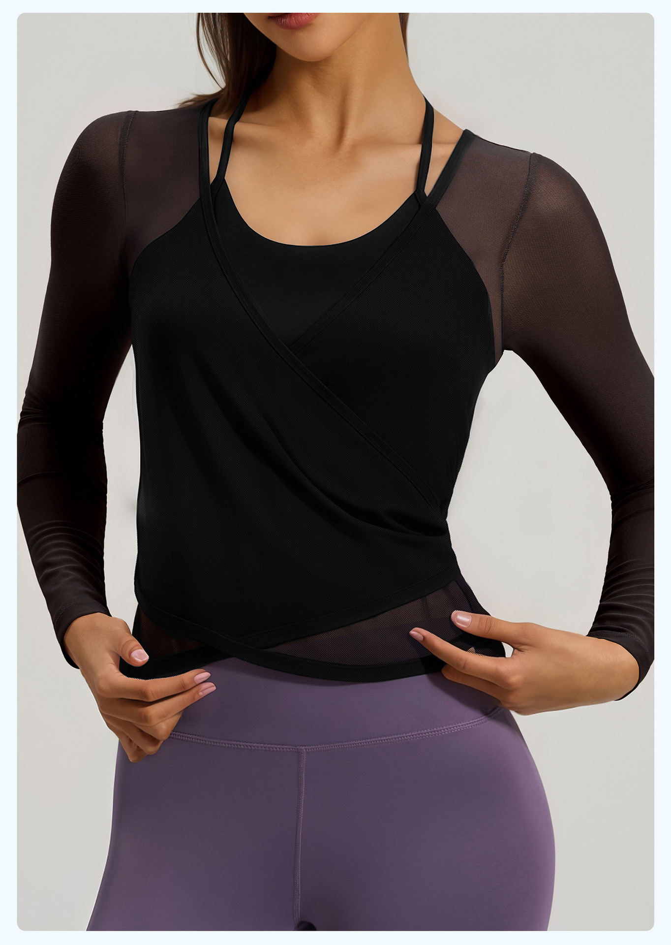 Women's Sheer Mesh Long Sleeve Yoga Top, Backless Layered Workout Shirt, Black