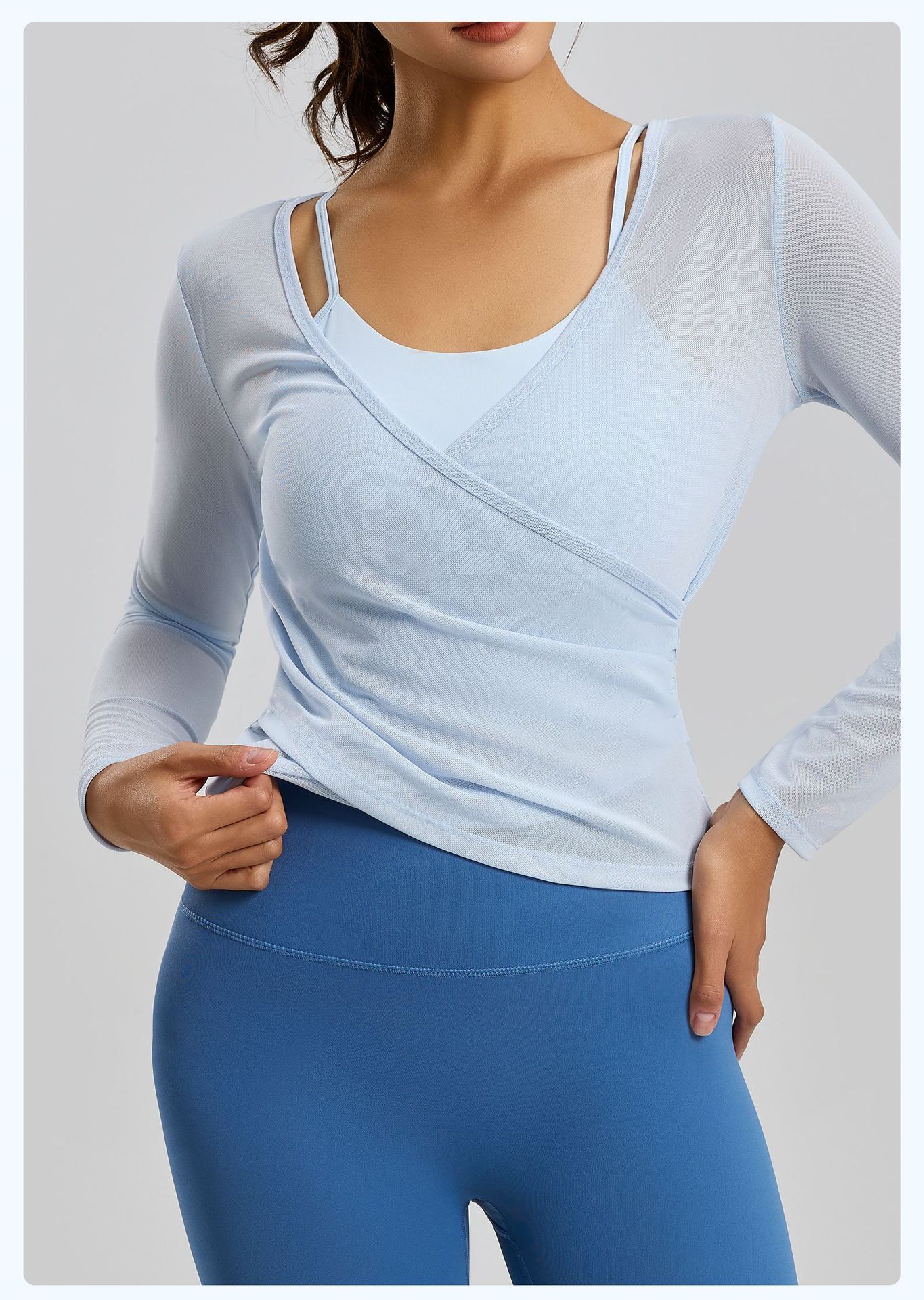 Women's Mesh Wrap Long Sleeve Yoga Top, Breathable Layered Workout Shirt, Light Blue