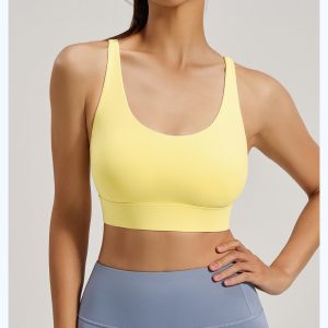 Women's Scoop Neck Sports Bra, Bright Workout Top for Gym, Lemon Yellow