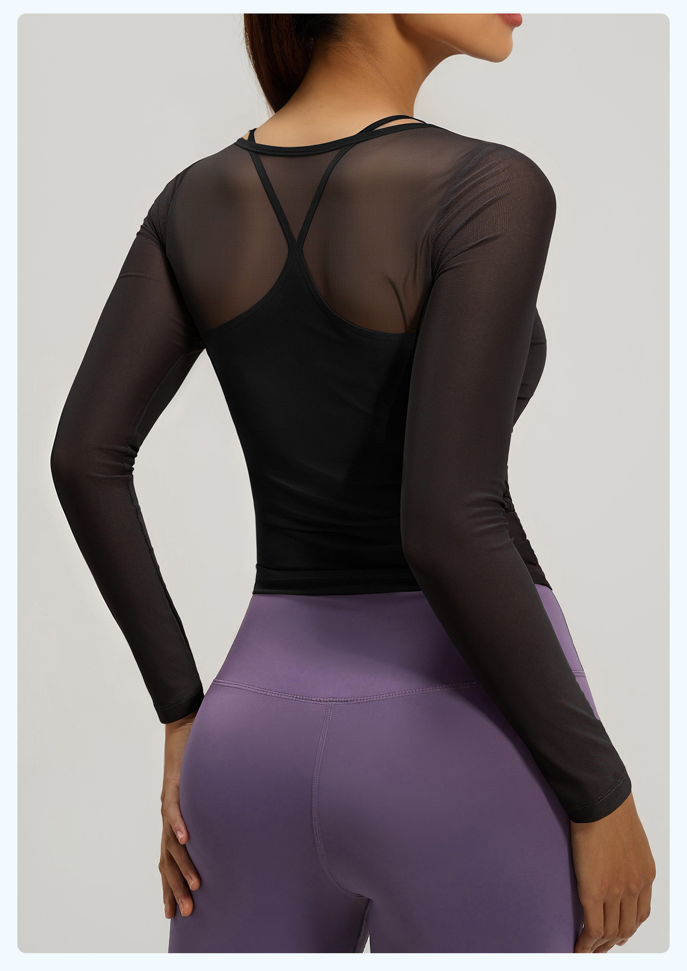 Women's Sheer Mesh Long Sleeve Yoga Top, Backless Layered Workout Shirt, Black - Image 2