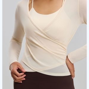 Women's Sheer Mesh Wrap Yoga Top, Long Sleeve Breathable Workout Layer, Off White