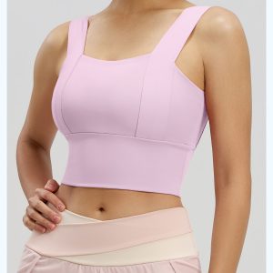 Square Neck Sports Bra, Buttery Soft Wide Strap Yoga Crop Top, Pastel Pink