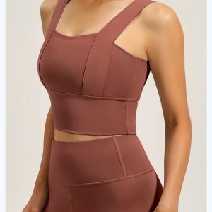 Women's Square Neck Workout Bra, Supportive Wide Strap Gym Top, Coffee Brown